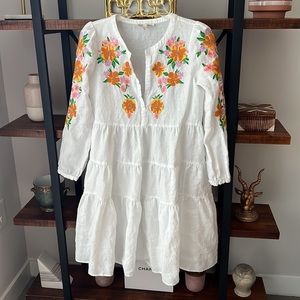 Maje white floral embroidery rose tiered mid length flowy dress women’s small